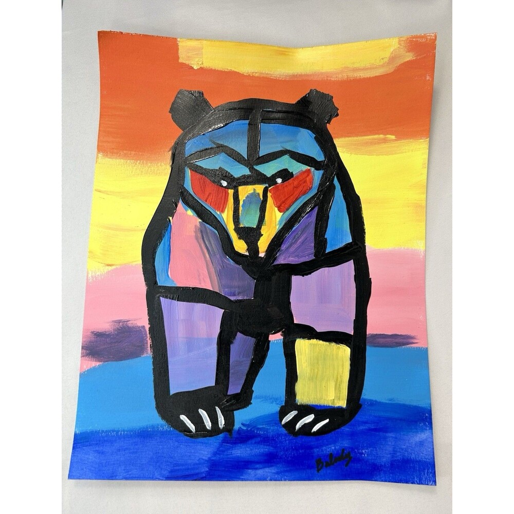 Original Abstract Bear Painting on Paper Modern Acrylic Cubist Art Signed 11x14